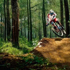 man riding bike doing stunt near green trees during daytime